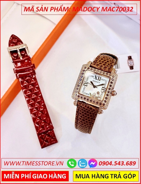 Set Đồng Hồ Madocy Nữ Mặt Vuông Đính Đá Swarovski Dây Da Nâu