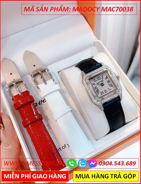 Set Đồng Hồ Madocy Nữ Mặt Vuông Full Đá Swarovski Dây Da