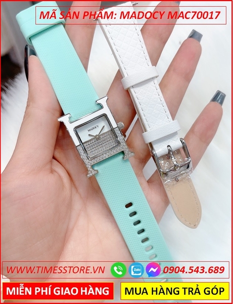Set Đồng Hồ Madocy Nữ Mặt Vuông Hermes Dây Silicone Xanh