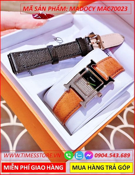 Set Đồng Hồ Madocy Nữ Mặt Vuông Hermes Rose Gold Dây Da Nâu