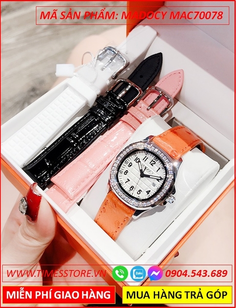 Set Đồng Hồ Madocy Nữ Tựa Patek Phillipe Mặt Đính Đá Dây Da Cam