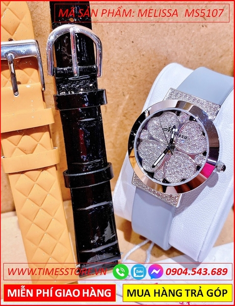 Set Đồng hồ Melissa Nữ Mặt Cỏ 4 Lá Swarovski Dây Cao Su Xanh