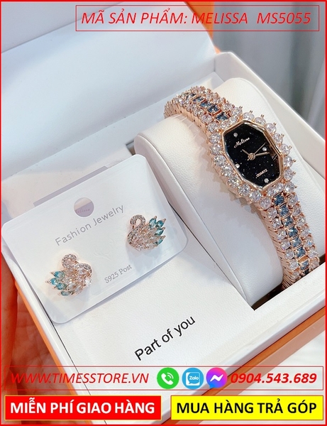 Set Đồng hồ Nữ Melissa Mặt Đen Vòng Tay Swarovski Rose Gold