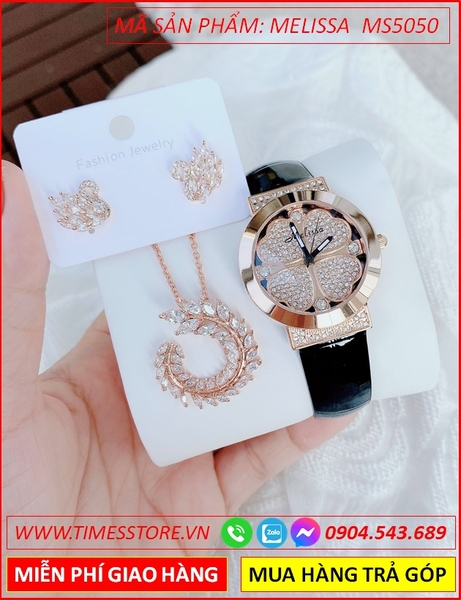 Set Đồng hồ Nữ Melissa Mặt Cỏ 4 Lá Rose Gold Dây Da Màu Đen