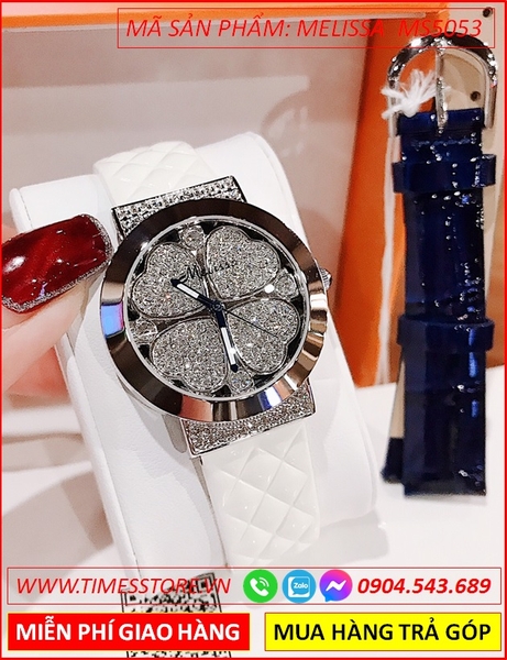 Set Đồng hồ Nữ Melissa Swarovski Mặt Cỏ 4 Lá Dây Da Màu Trắng