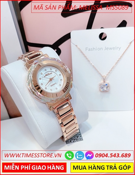 Set Đồng hồ Melissa Nữ Mặt Tròn Dây Kim Loại Rose Gold + Dây chuyền