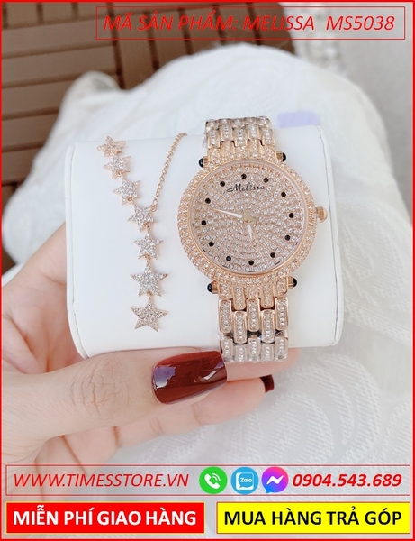 Set Đồng hồ Nữ Melissa Mặt Đính Full Đá Swarovski Rose Gold