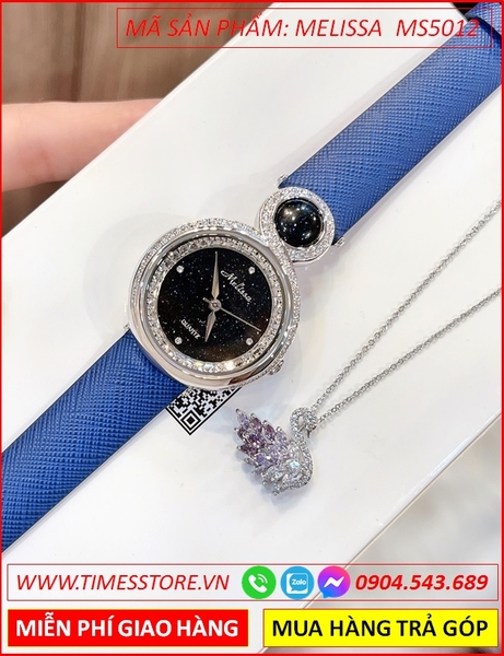 Set Đồng hồ Nữ Melissa Mặt Tròn Đính Đá Swarovski Dây Da Xanh