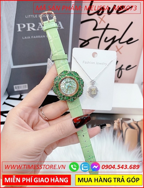 Set Đồng hồ Nữ Melissa Mặt Tròn Đính Đá Pha Lê Dây Da Xanh Lá
