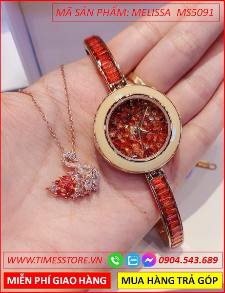 Set Đồng hồ Melissa Nữ Mặt Tròn Đính Đá Swarovski Đỏ Lắc Tay