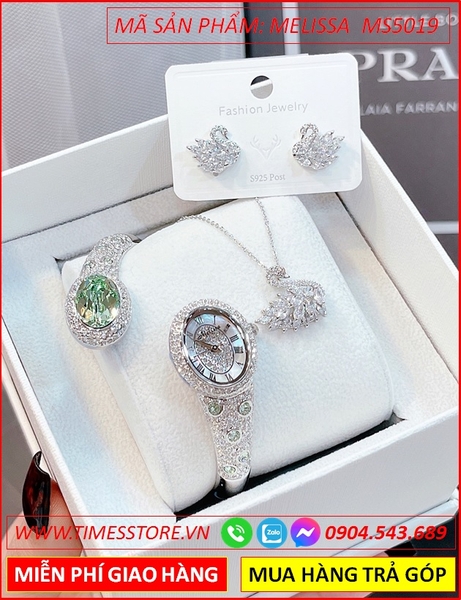 Set Đồng hồ Nữ Melissa Vòng Tay Đính Full Đá Xanh Ngọc Swarovski (28mm)