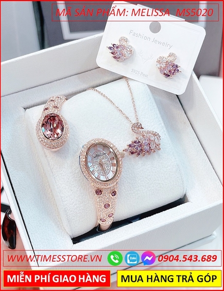 Set Đồng hồ Nữ Melissa Vòng Tay Rose Gold Đính Đá Đỏ Swarovski