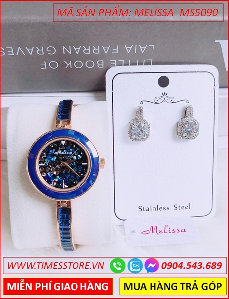 Set Đồng hồ Melissa Nữ Mặt Tròn Đính Đá Swarovski Xanh Lắc Tay