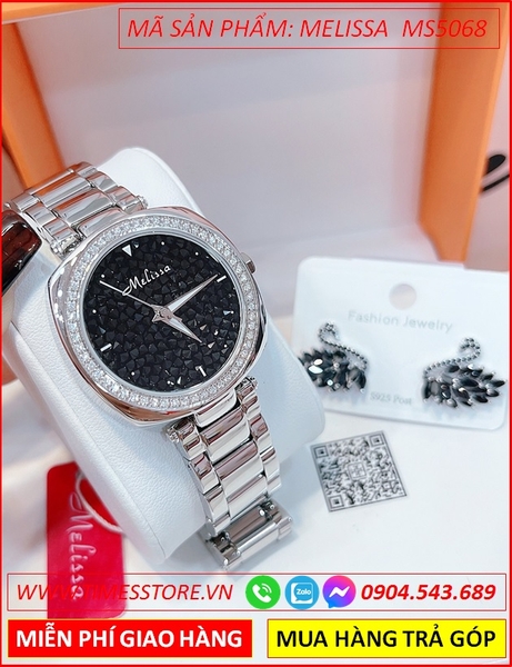 Set Đồng hồ Nữ Melissa Mặt Tròn Full Hạt Đá Đen Dây Kim Loại