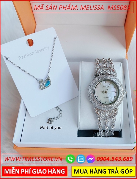 Set Đồng hồ Melissa Nữ Mặt Tròn Vòng Tay Đính Full Đá Swarovski