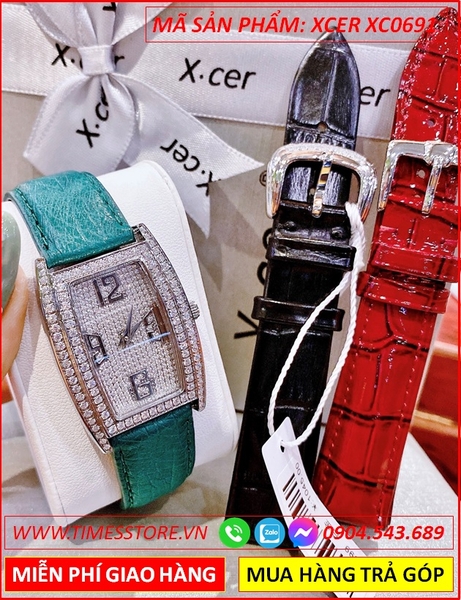 Set Đồng Hồ Xcer Nữ Mặt Chữ Nhật Full Đá Dây Da Xanh
