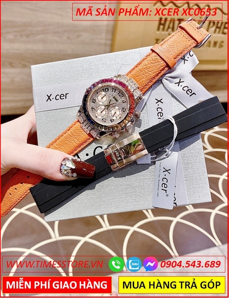 Set Đồng Hồ Xcer Nữ Tựa Rolex Đính Đá Nhiều Màu Dây Da Cam