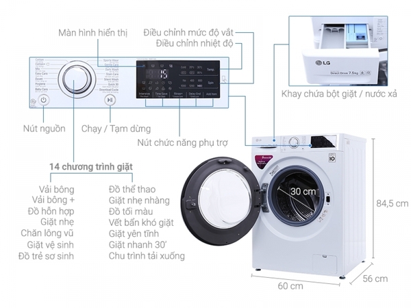 Tìm hiểu về kích thước máy giặt