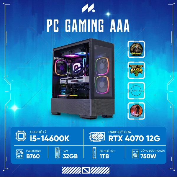 PC GAMING-AAA I5-4070 (i5-14600K, RTX 4070 OC 12GB, Ram 32GB, SSD 1TB, 750W)