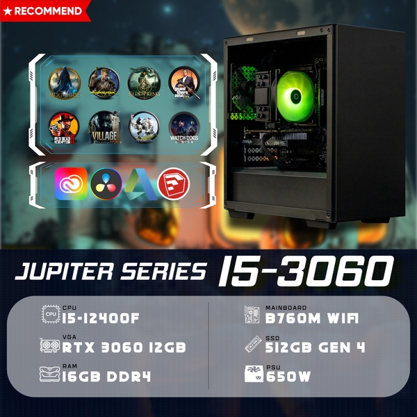 PC ST-JUPITER i5 3060 (i5-12400F, RTX 3060 OC 12G, Ram 16GB DDR4, SSD 512G, 650W)