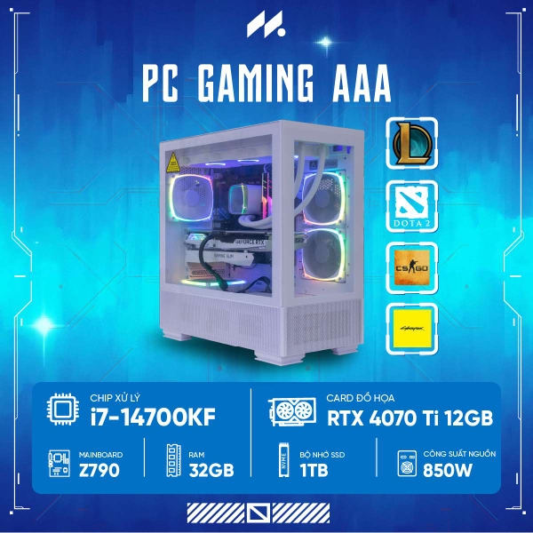 PC GAMING-AAA i7F-4070Ti (i7-14700KF, RTX 4070Ti 12G, Ram 32GB, SSD 1TB, 850W)