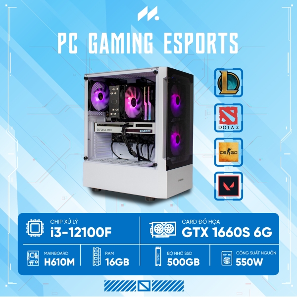 PC Gaming Esports i3-1660S WHITE (i3-12100F, GTX 1660 Super 6GB, Ram 16GB, SSD 512GB, 550W)
