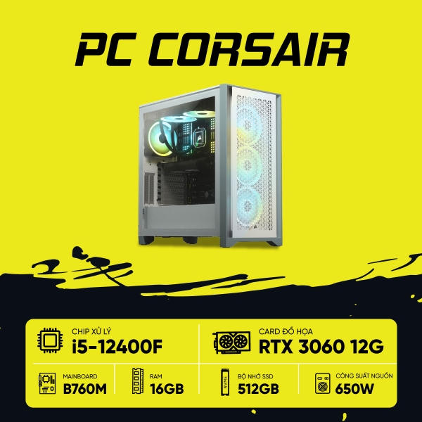 PC GAMING CORSAIR i5 WHITE (i5-12400F, RTX 3060 12G, Ram 16GB DDR4, SSD 512G, 650W)