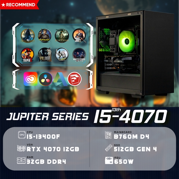 PC ST-JUPITER i5 G13 4070 (i5-13400F, RTX 4070 OC 12G, Ram 32GB DDR4, SSD 512G, 650W)