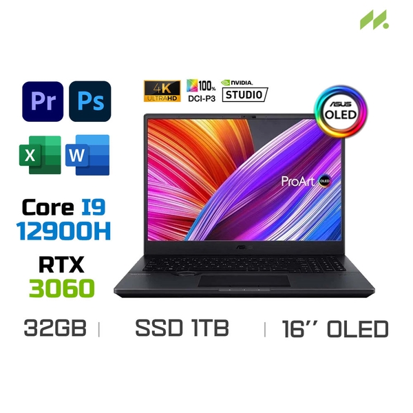 Laptop Asus ProArt Studiobook 16 OLED H7600ZM-L2079W (i9-12900H, RTX 3060 6GB, Ram 32GB DDR5, SSD 1TB, 16 Inch OLED 4K)