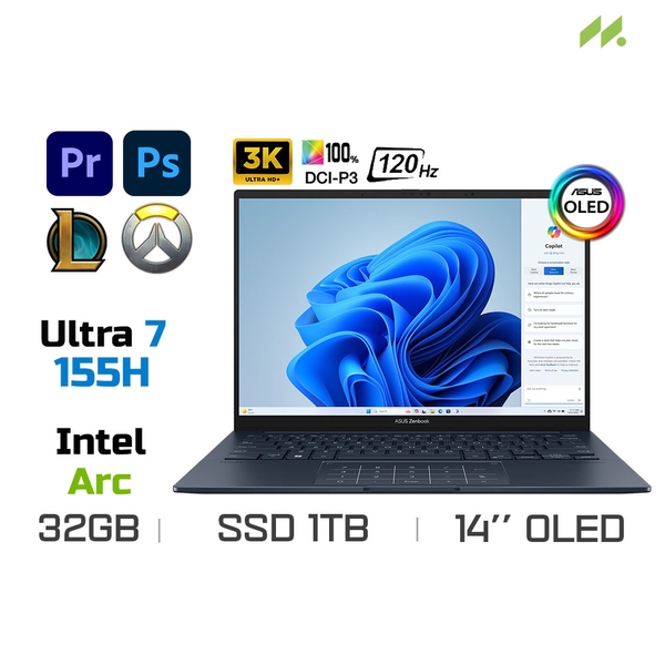 Laptop Asus Zenbook 14 OLED UX3405MA-PP152W (Ultra 7 155H, Arc Graphics, Ram 32GB LPDDR5X, SSD 1TB, 14 Inch OLED 3K)