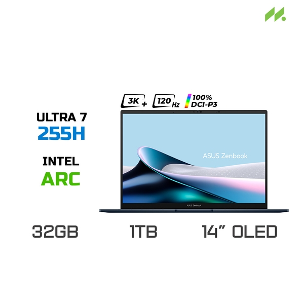 Laptop ASUS Zenbook 14 UX3405CA-PZ188WS (Ultra 7 255H, Arc Graphics, Ram 32GB LPDDR5X, SSD 1TB, 14 Inch OLED 3K 120Hz 100% DCI-P3, Win11/OFFICE2024)