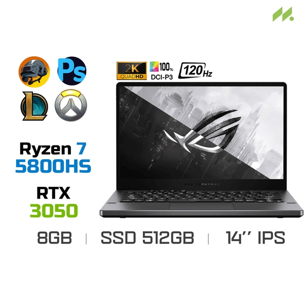 Laptop Gaming Asus ROG Zephyrus G14 GA401QC-K2199W (Ryzen 7 5800HS, RTX 3050 4GB, Ram 8GB DDR4, SSD 512GB, 14 Inch IPS 120Hz WQHD)