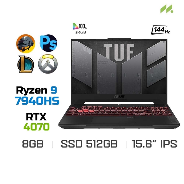 Laptop Gaming Asus TUF Gaming A15 FA507XI-LP420W (Ryzen 9 7940HS, RTX 4070 8GB, Ram 8GB DDR5, SSD 512GB, 15.6 Inch IPS 144Hz FHD)