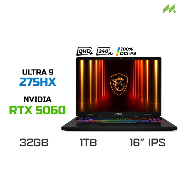 Laptop Gaming MSI Crosshair 16 HX AI D2XWFKG-035VN (Ultra 9 275HX, RTX 5060 8GB, Ram 32GB DDR5, SSD 1TB, 16 Inch IPS QHD+ 240Hz 100% DCI-P3, Win 11)