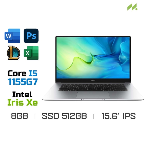 Laptop HUAWEI MateBook D15 BoDE-WDH9 (i5-1155G7, Iris Xe Graphics, Ram 8GB DDR4, SSD 512GB, 15.6 Inch IPS FHD)