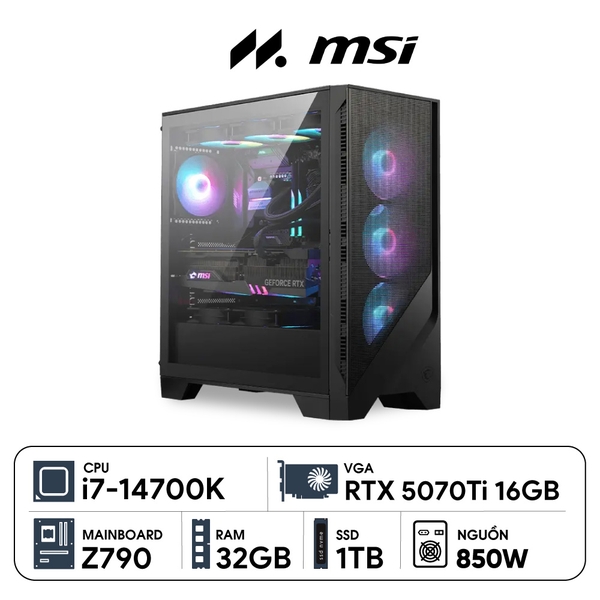 PC MSI i7-5070Ti (i7-14700K, RTX 5070 Ti 16G, Ram 32GB DDR5, SSD 1TB, 850W)