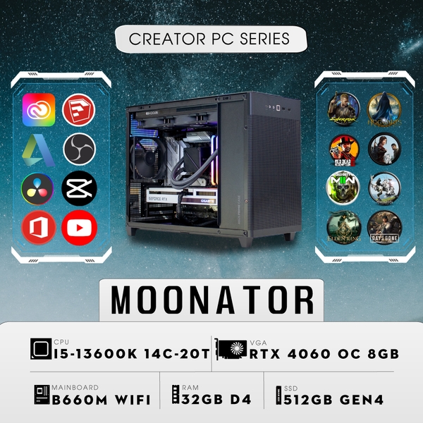PC ST-MOONATOR i5 PLUS (i5-13600K, RTX 4060 OC 8GB, Ram 32GB, SSD 512GB, 650W)