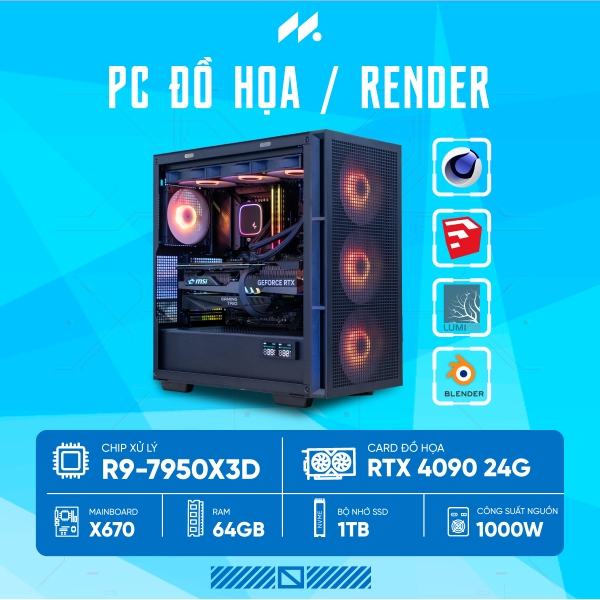 PC RENDER R9-4090 (R9-7950X3D, RTX 4090 OC 24GB, Ram 64GB, SSD 1TB, 1000W)