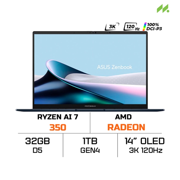 Laptop Asus Zenbook 14 OLED UM3406KA-PP590WS (Ryzen AI 7 350, Radeon Graphics, Ram 32GB LPDDR5X, SSD 1TB, 14 Inch OLED 3K 120Hz 100% DCI-P3, Win11/OFFICE2024)