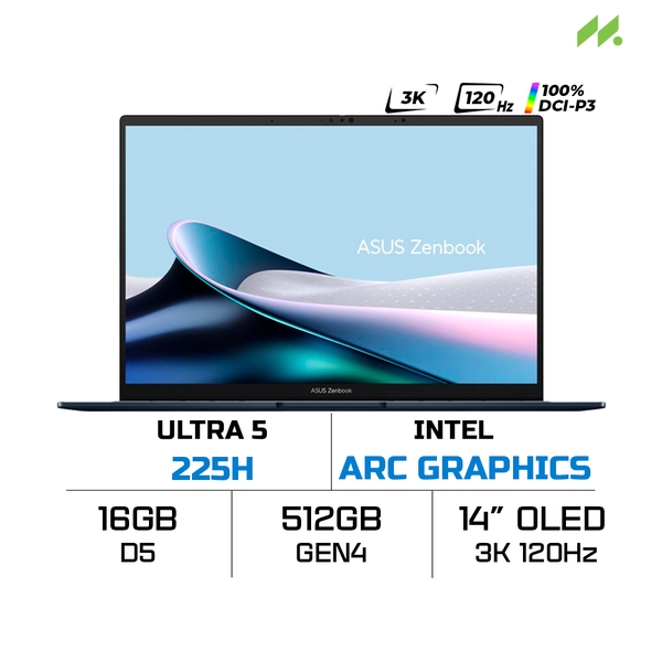 Laptop Asus Zenbook OLED 14 UX3405CA-PZ187WS (Ultra 5 225H, Arc Graphics, Ram 16GB LPDDR5X, SSD 512GB, Touch Screen, 14 Inch OLED 3K 120Hz, Win/Office/Bút)