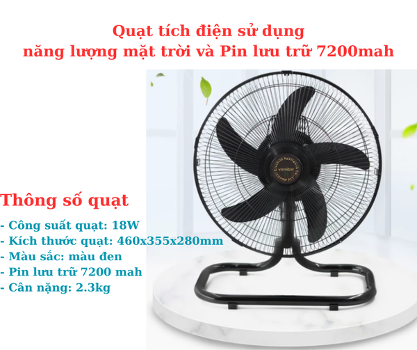 Quạt tích điện chân quỳ 12inch 18W có đảo hướng Pin lưu trữ 7200mah