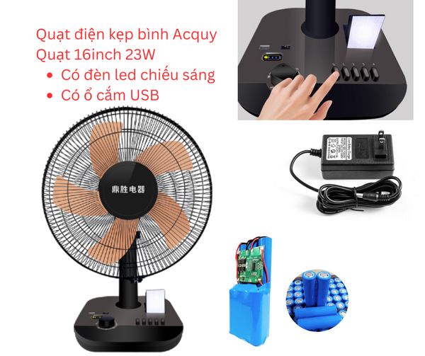 Quạt tích điện để bàn 16inch DC 12V, quạt pin có đèn led chiếu sáng và ổ cắm USB