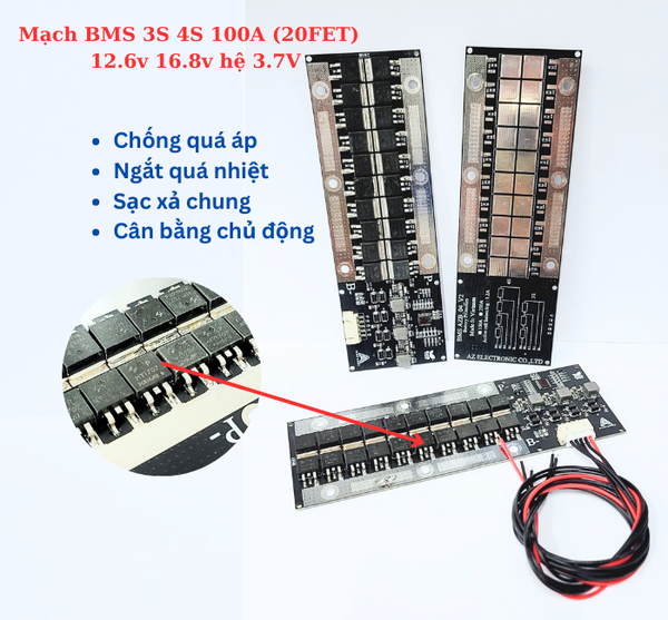 Mạch BMS 3S 4S 100A pin 3.7V (20 FET) cân bằng chủ động, sạc xả chung cổng G1-C6