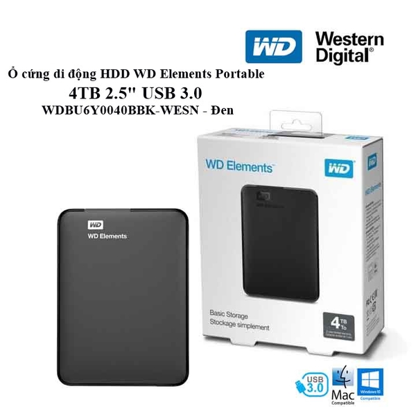 Ổ cứng di động HDD WD Elements Portable 4TB 2.5" USB 3.0 - WDBU6Y0040BBK-WESN - Đen