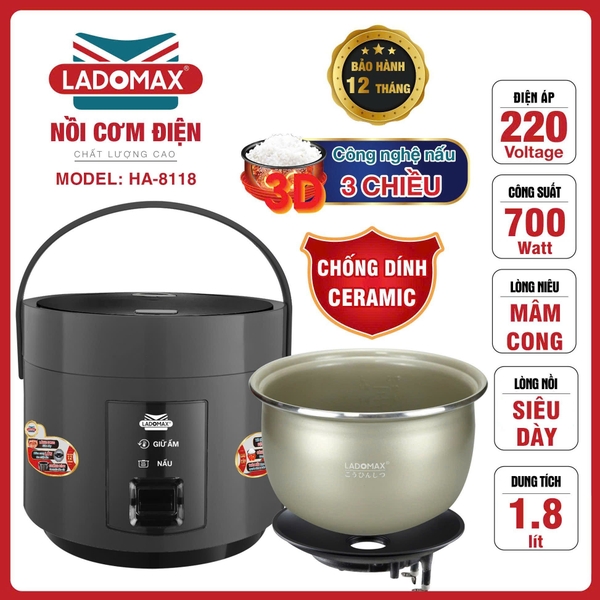 Nồi cơm điện 1.8L giữ ấm 3D Ladomax Ha-8118 (1tx4)