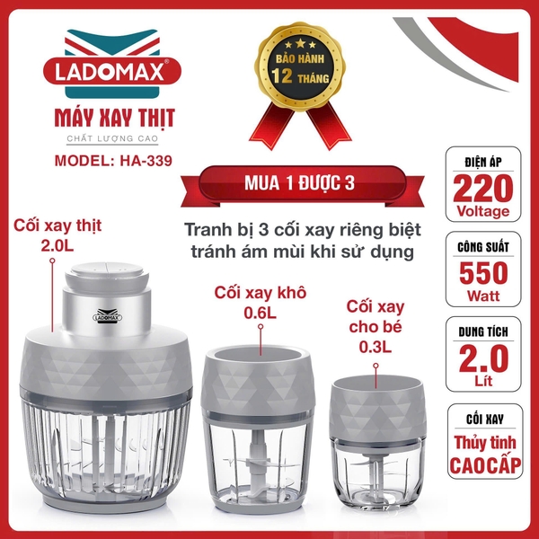 Máy xay thịt 3 cối Ladomax Ha-339 (1tx1)