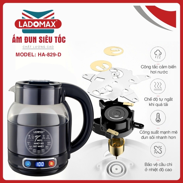 Ấm siêu tốc giữ ấm thủy tinh 2.0L Ladomax Ha-829D, điện tử (1tx12)