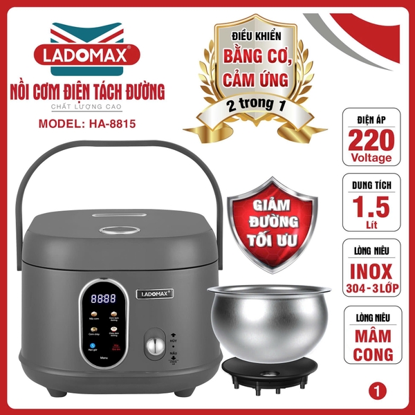 Nồi cơm điện tách đường 1.5L Ladomax Ha-8815, Lòng Inox