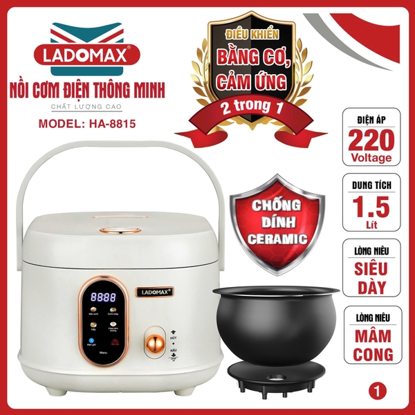 Nồi cơm điện tử 1.5L Ladomax Ha-8815, Lòng Gang (1tx4)