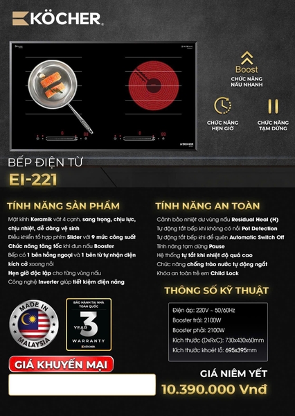 Bếp điện 1 từ 1 hồng ngoại Kocher EI-221